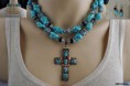 DOUBLE LAYER TURQUOISE WITH HANDMADE CROSS NECKLACE AND EARRING SET
